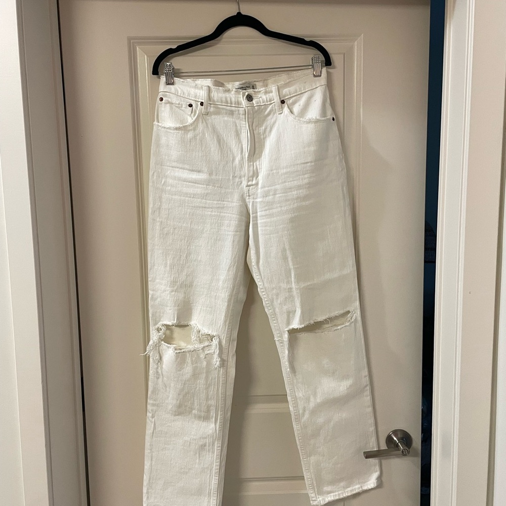 Abercrombie & Fitch Cream Distressed Baggy Straight Leg Jeans
